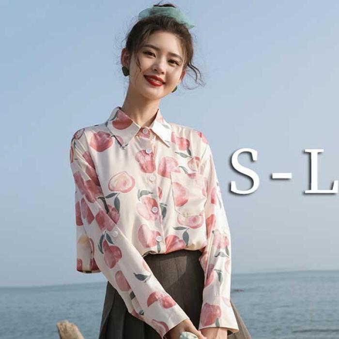 レディース シャツ 長袖 フルーツ柄 桃柄 シフォン トップス 開襟シャツ ゆったり 薄手 リゾート風 カジュアル S M L 春 夏 秋 旅行 デート 海 普段着 ml051zezex1