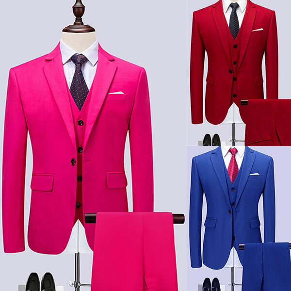 メンズスーツ スリムフィット 3点セット ピンク レッド ブルー カラフル ダブルブレスト ビジネス フォーマル 結婚式・パーティー・成人式・卒業式用 メンズス...