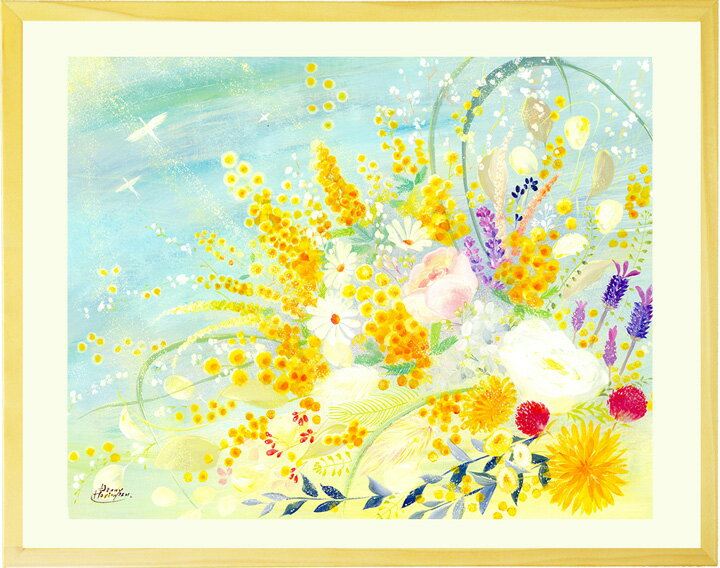 絵画 花 インテリア 「春告ぐミモザの花束」■Mサイズ■ 玄関に飾る絵画 玄関 風水 絵 花束の絵  ...