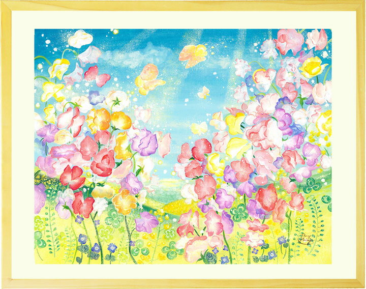 【New】 絵画 スイートピー 菜の花 「春風にのって」■Lサイズ■ 癒し 青空 蝶 菜の花畑 四葉 ...