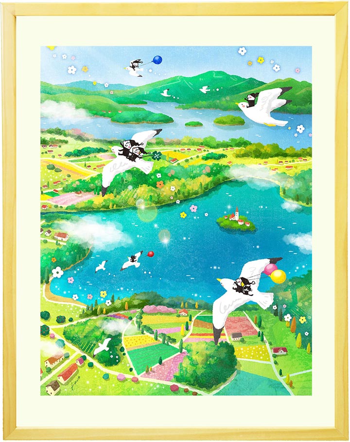 絵画 ヨーロッパ 風景画 「Bon Voyage!(ボンボヤージュ)」■Mサイズ■ ブレッド湖 湖 風景 風景画ポスター インテリア 絵 額入り カモメ 玄関に飾る絵画 空 風水 玄関 アート ポスター 教会 入学 卒業祝い 就職祝い 娘 大学 人気 店舗 運気アップ 開店祝い 緑 旅 絵 湖の絵