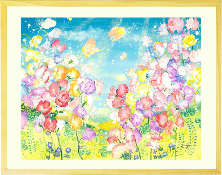 絵画 スイートピー 風景画 菜の花 「春風にのって」 癒し 青空 風景 蝶 菜の花畑 四葉 クローバー 花 インテリア 玄関 風水 リビング 病院 店舗 受付 オフィス 絵 アート 花の絵 おしゃれ 額入り ナチュラル 自然 部屋 女性 カラフル 壁掛け 絵 優しい 黄色 ピンク 販売