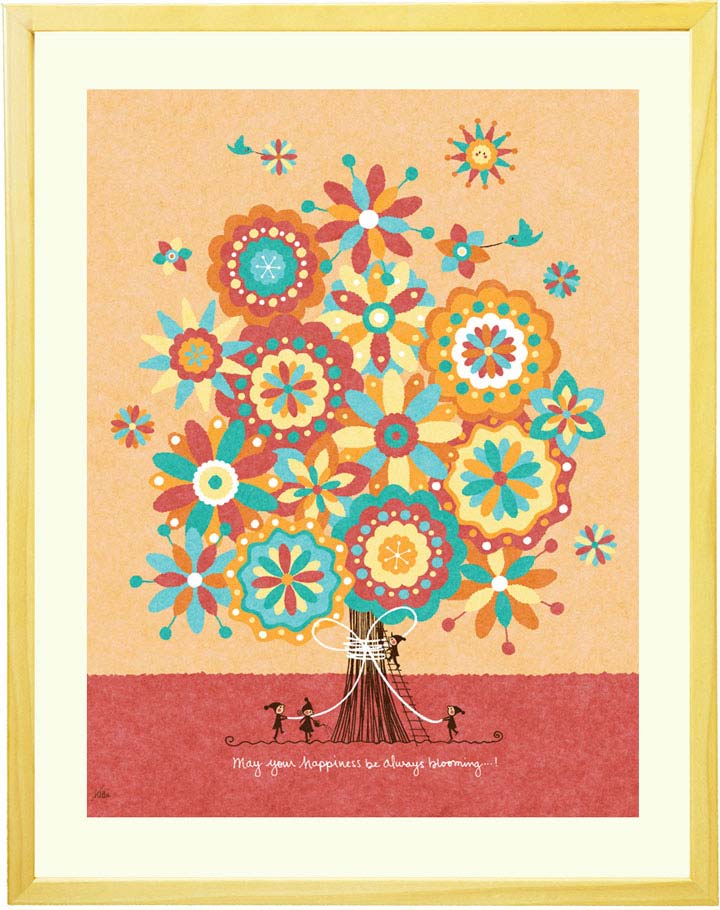 絵画 おしゃれ 額入り 「幸せの花束」 玄関に飾る絵 玄関 インテリア 風水 リビング 絵 壁掛け 優しい 寝室に飾る絵 かわいい アートポスター 額付き 癒し 部屋 店舗 明るい絵 家 アートフレーム 人気 アート オレンジ あたたかい 花の絵 ナチュラル 小鳥 太陽 木