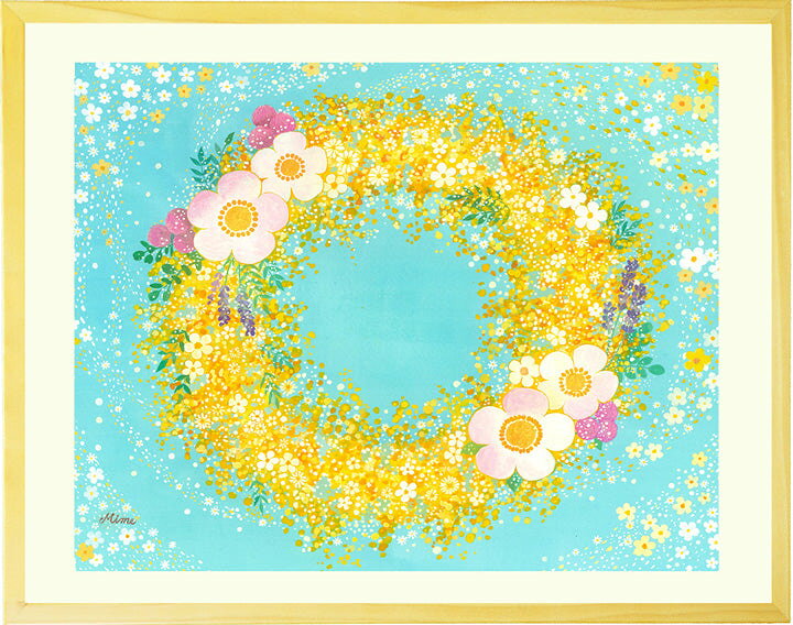 【新作】 絵画 ミモザ リース 「つなぐ、つむぐ」 玄関 インテリア 風水 絵 花 黄色 玄関に飾る絵画 壁掛け アート アート ポスター 花 玄関に飾る花 おしゃれ 水彩画 階段 壁 額付き 小さい 大きい サイズ きれいな絵 幸せ プレゼント 女性 贈り物 感謝 お礼の品 花の絵