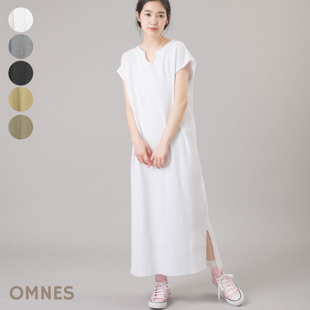 レディース ワンピース フリーサイズ 【OMNES】ヘビーワッフルサーマル スリット入スキッパーワンピース ワッフル素材 ホワイト グレー ブラック カーキ ベージュ HAPTIC ハプティック 母の日のサムネイル