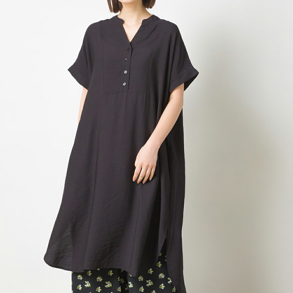 【OMNES】接触冷感ブザム切り替えシャツワンピース レディース フリーサイズ フレンチスリーブ ナチュラル Vネック カジュアル 無地 さらさら HAPTIC ハプティックのサムネイル