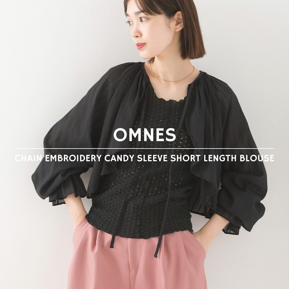 【ハプティックhbH】【OMNES】チェーン刺繍キャンディースリーブショート丈ブラウス レディース フリーサイズ カジュアル 長袖 ドビーストライプ カーデブラウス ギャザー 透け感 シアーシャツ HAPTIC ハプティックのサムネイル