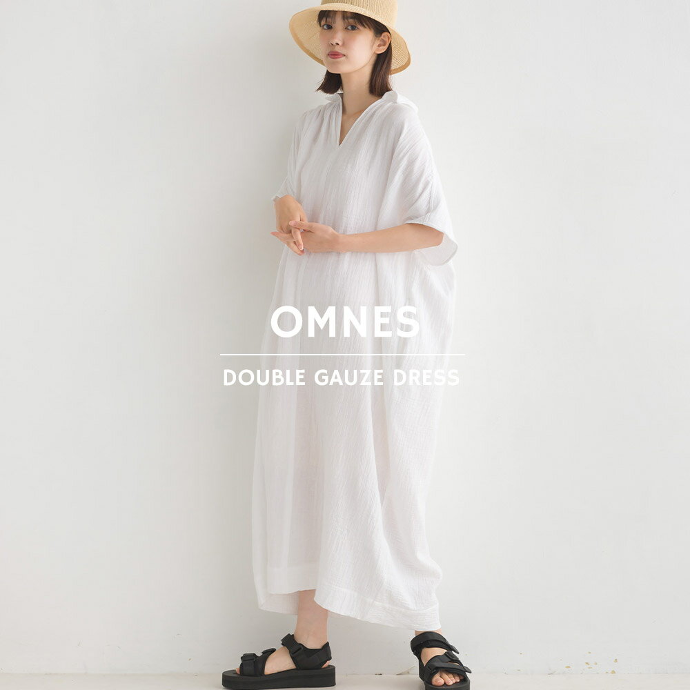 【OMNES】ダブルガーゼワンピース 半袖 レディース フリーサイズ カジュアル ロングワンピース ロング丈 綿 スキッパー衿 無地 ストライプ HAPTIC ハプティックのサムネイル