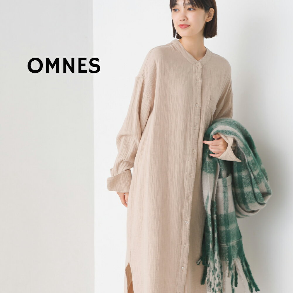 【OMNES】ダブルガーゼバンドカラーワンピース レディース フリーサイズ カジュアル ロングワンピース ロング丈 ボタン コットン 綿 サイドスリット HAPTIC ハプティック【Aクーポン対象】のサムネイル