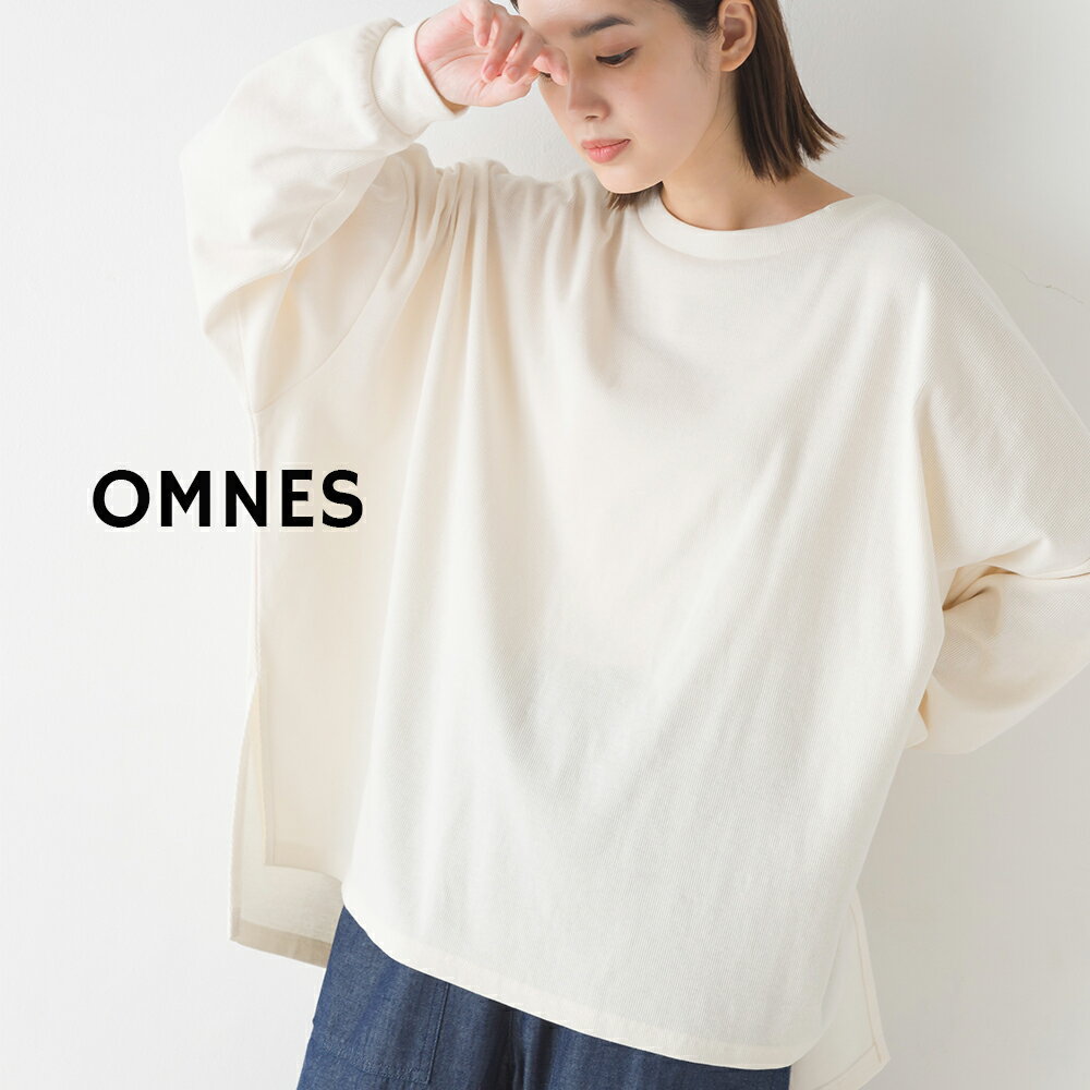 【OMNES】リブワイドシルエット長袖プルオーバー レディース カジュアル フリーサイズ クルーネック カットソー リブニット 長め丈 ロング丈 無地 ボーダー HAPTIC ハプティックのサムネイル
