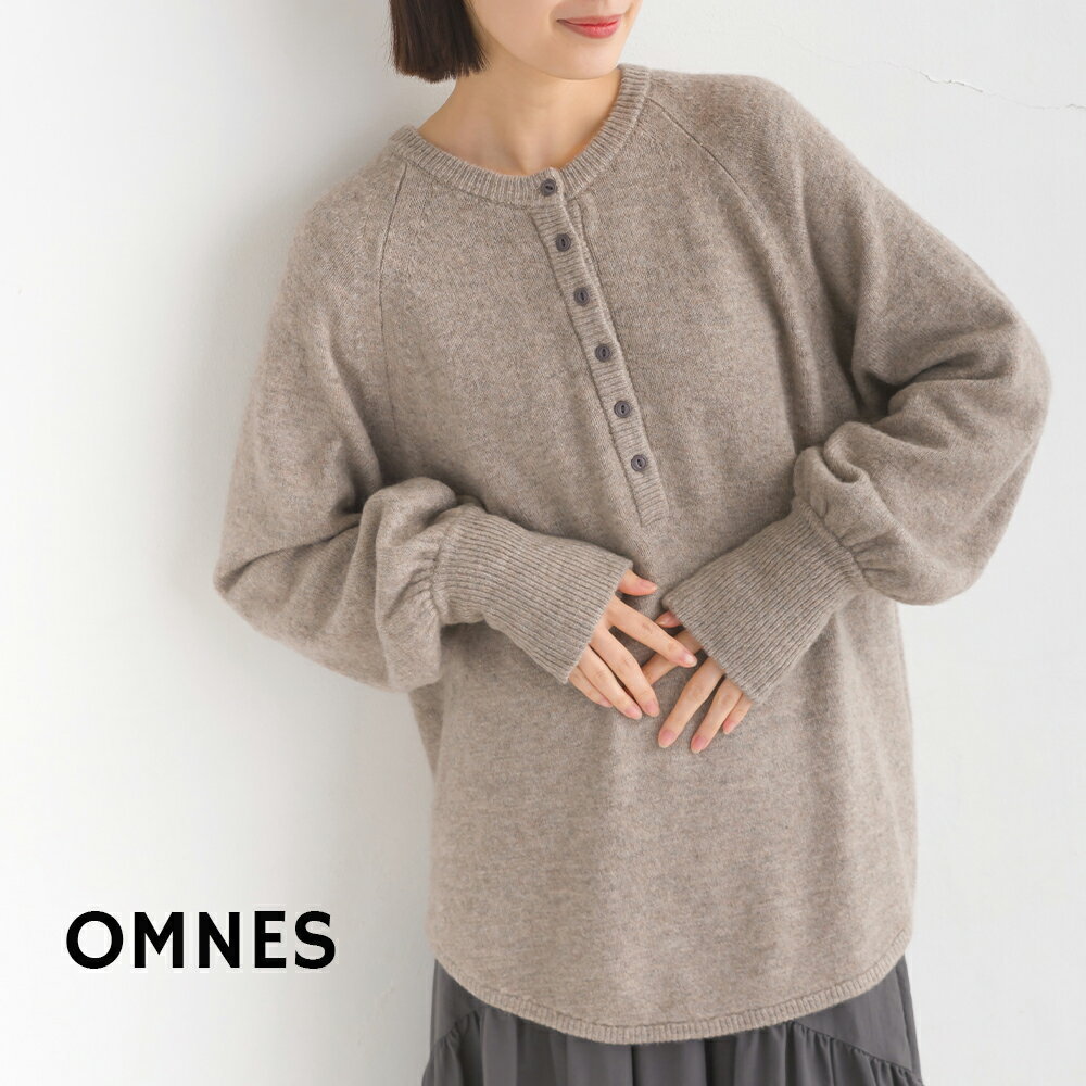 【OMNES】ウール混ヘンリーネックニットプルオーバー 2way レディース カジュアル フリーサイズ クルーネック 袖リブ ラウンドヘム 無地 シンプル HAPTIC ハプティック オムネスのサムネイル