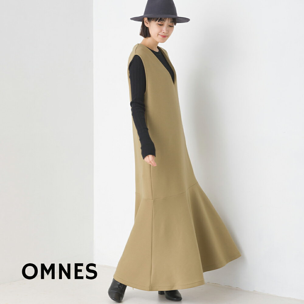【OMNES】ソフトダンボール裾フレアVネックワンピース レディース ダンボールニット カジュアル フリーサイズ ロングワンピース ジャンスカ 無地 HAPTIC ハプティック【Aクーポン対象】のサムネイル