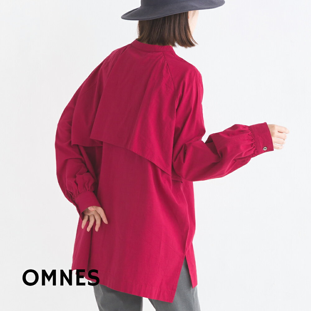 【ハプティックhbB】【OMNES】製品洗いスラブコットン 後ろケープ長袖シャツ レディース カジュアル フリーサイズ コットン 綿 無地 バンドカラー HAPTIC ハプティックのサムネイル