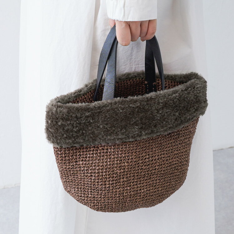 編み物キット #17-7 ファー付きかごバッグ ブラウン 編み物 毛糸 セット キット かごバッグ かわいい 秋冬 冬 イトヘンラボ 原ウール