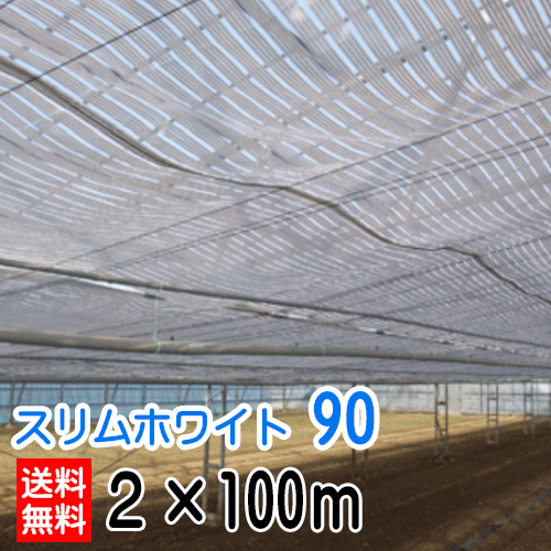 【商品詳細】 ■遮光・遮熱ネット　スリムホワイト ■品番　：90 ■遮光率：90％ ■規格　：2×100m ■材質　：デュポン・タイベック、ポチエチレン糸 ■用途　：遮熱（外張り・内張り・（巻き上げ）） 【注意】 ・縫製加工の際、ラインが合わない可能性があります。 ・施設内では換気扇や循環扇との併用をおすすめします。 ・多少縮みが出ますので、収縮を想定して、施工して下さい。 ・60℃以上の高温や硫黄の使用は、ネットの耐久性を著しく低下させる恐れがあります。 ・火気に近づけないでください。燃焼することがあります。 【お支払方法】 メーカー直送品の為、代引き決済不可となっております。 お支払方法にご注意くださいませ。 【送料】 沖縄県・離島への配送は別途運賃がかかります。 ご注文後送料を変更しまして、メールにてご連絡させていただきます。