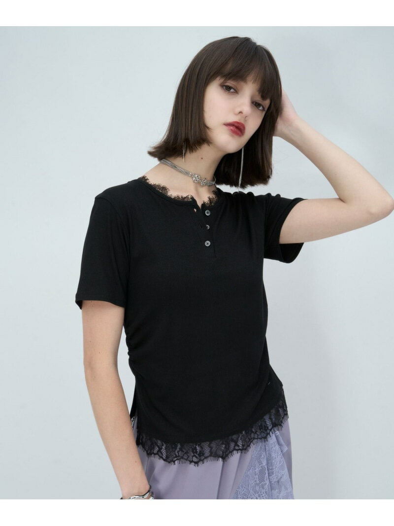 Rakuten - レースドッキングヘンリーVネックカットソー HARE ハレ トップス カットソー・Tシャツ ブラック グレー【先行予約】*【送料無料】[Rakuten Fashion]