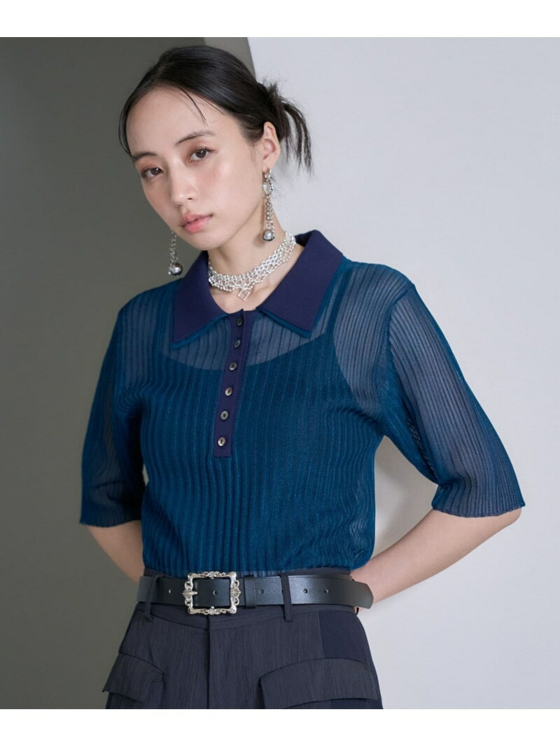 シアーポロニット HARE ハレ トップス ニット ブルー ブラック【先行予約】*【送料無料】[Rakuten Fashion]