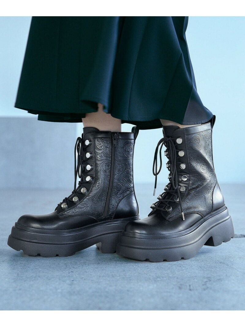Flowerエンボスレースアップブーツ HARE ハレ シューズ・靴 ブーツ ブラック【送料無料】[Rakuten Fashion]