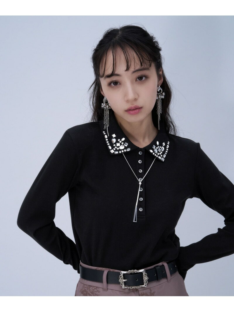 ビジューポロリブカットソー HARE ハレ トップス カットソー・Tシャツ ブラック【先行予約】*【送料無料】[Rakuten Fashion]