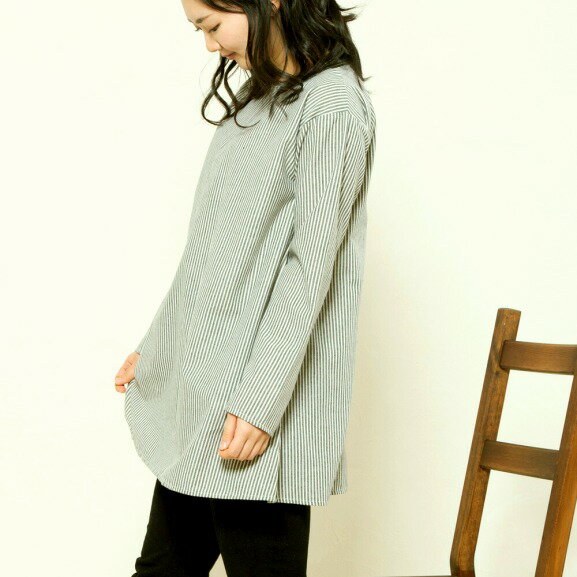 【送料無料】ストライプ柄 フレアーシルエット シャツチュニック ゆったりチュニック 体型カバー チュニック丈・レディースチュニック【ポッキリ】かわいい LL 3L ゆったりサイズ 綿混素材 ふんわりチュニック ドロップショルダー 婦人 綿混 チュニック Aライン ブラック