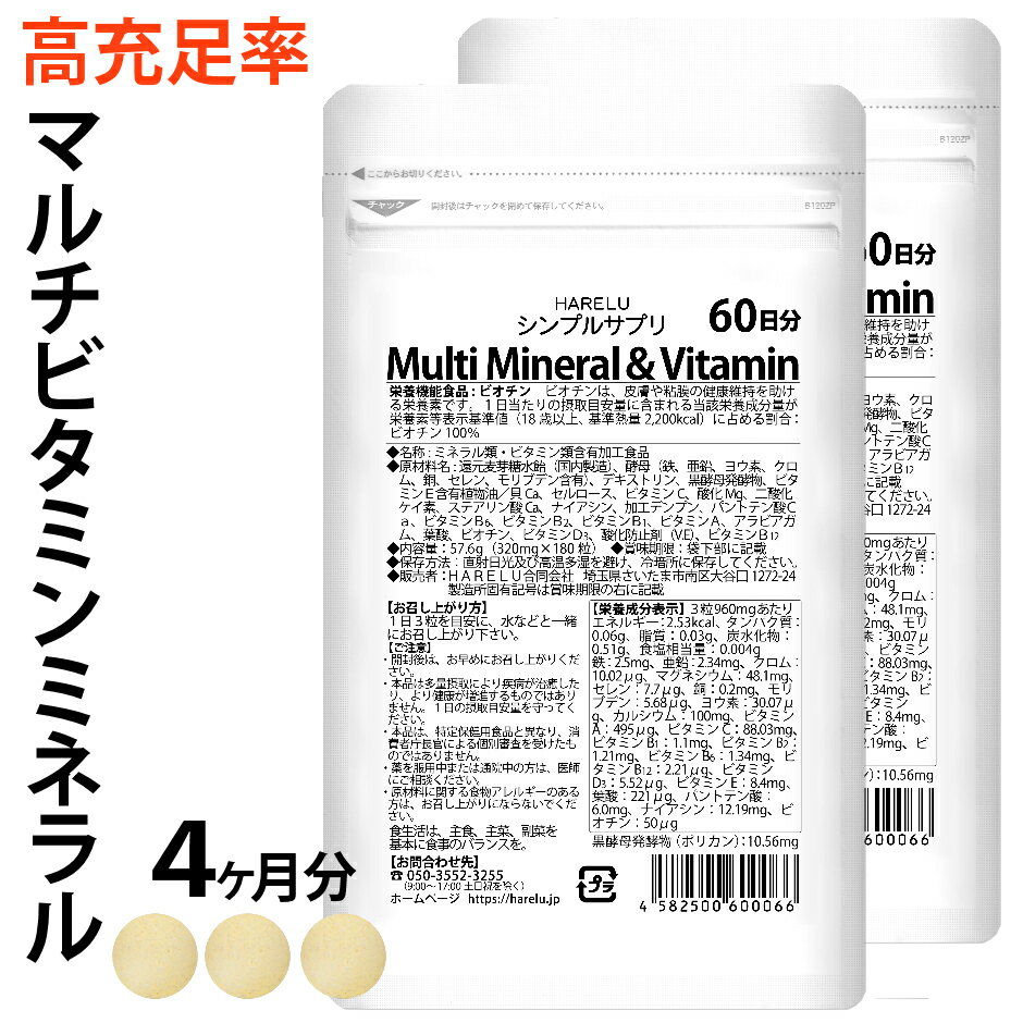 マルチビタミン マルチミネラル 2ヶ月分×2袋 マルチビタミンミネラル サプリメント ビタミンA ビタミンB ビタミンC 葉酸 ビオチン ミネラル 鉄 亜鉛 カルシウム マグネシウム 銅 ヨウ素 酵母