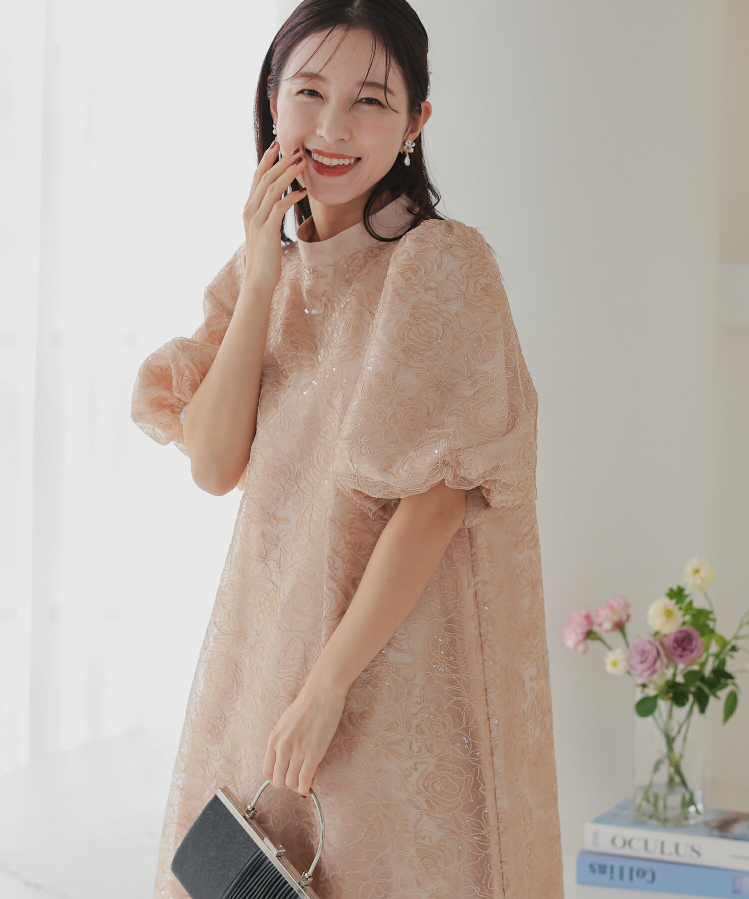 パーティードレス 結婚式 ワンピース ドレス フォーマル マタニティドレス スパンコール 二次会 披露宴 お呼ばれ 顔合わせ 成人式 同窓会 女子会 体型カバー Aライン 袖あり スパンコール ベージュ ブラック 黒 大人可愛い 上品 華やか