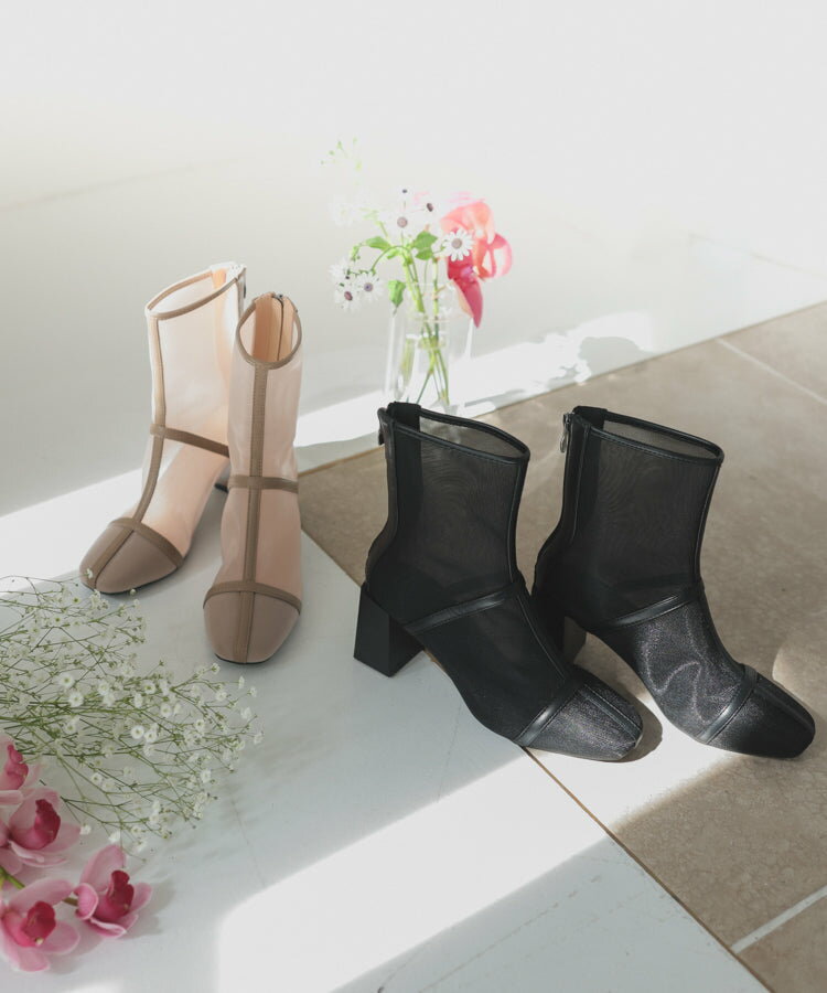 ブーツ メッシュ 夏 シアー レディース チャンキーヒール コスプレ 後ろ ファスナー 脱ぎやすい ショート ヒール 7cm 疲れない 歩きやすい 7センチ ミ...