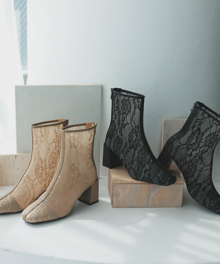 スクエアレースショートブーツ スクエアトゥ ベージュ ブラック ミドルブーツ 7センチヒール シースルー 透け感 パイピング フォーマル カジュアル 太ヒール 安定感 歩きやすい 滑り止め加工 ブーツ レディース 歩きやすい 20代 30代 40代 haremode ハレモード 公式