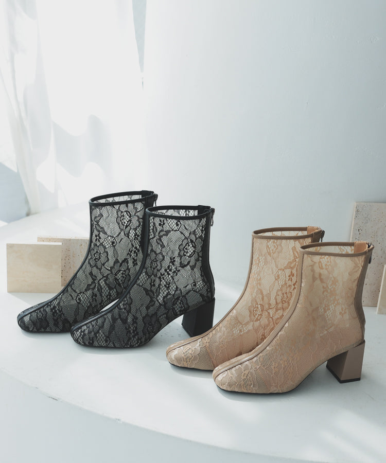 スクエアレースショートブーツ スクエアトゥ ベージュ ブラック ミドルブーツ 7センチヒール シースルー 透け感 パイピング フォーマル カジュアル 太ヒール ...