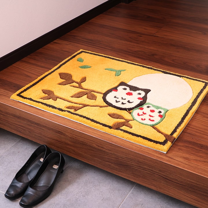 玄関マット へたりにくい 弾力性 約60×90cm 楕円 ふくろう フクロウ 抗菌防臭