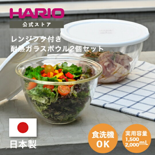 HARIO レンジフタ付き耐熱ガラス製ボウル2個セット　HARIO ハリオ 食洗機対応 耐熱ガラス ボウル パーツ 調理 製菓 フタ 水切り