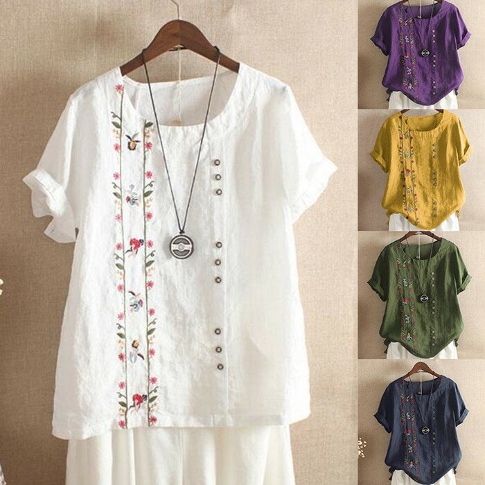 送料無料 Tシャツ 半袖 綿麻混風 花柄 トップス ゆったり シャツブラウス レディース ボタン付き サイドスリット 着痩せ 体型カバー カットソー プルオーバーのサムネイル