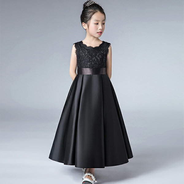 送料無料 子供ロングドレス 黒 袖あり キッズドレス 結婚式 ピアノ発表会 ドレス 150 ドレス ジュニア ピアノ ブラック コンクール コンサート パーティードレス 2