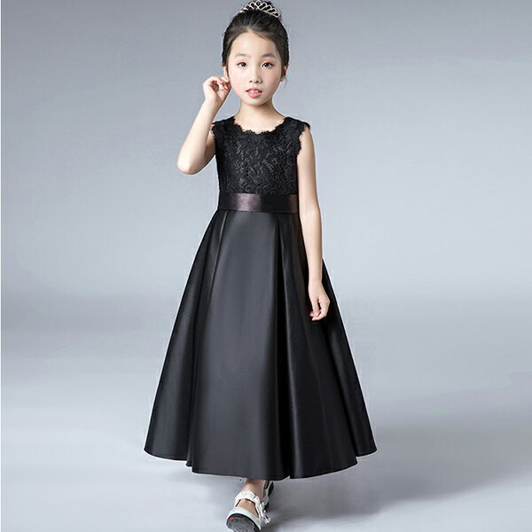 送料無料 子供ロングドレス 黒 袖あり キッズドレス 結婚式 ピアノ発表会 ドレス 150 ドレス ジュニア ピアノ ブラック コンクール コンサート パーティードレス 3