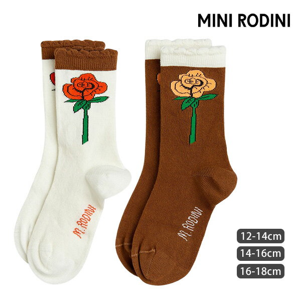 mini rodini オーガニックコットン キッズ スカラップ ソックス Roses | オーガニック コットン キッズソックス ミニロディーニ 子供 靴下 子供用靴下 くつ下 おしゃれ 綿 バイカラー ツートーン 花柄 薔薇 ばら 