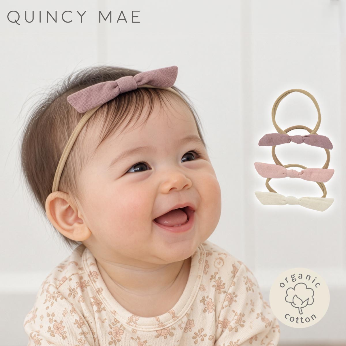 商品番号 / 型番：136-293 / QMA212FETCブランド名：Quincy Mae商品名：オーガニックコットン ベビー リトルノット ヘッドバンドオーガニックコットンのギフトや出産祝いにご利用くださいオーガニックコットン ベビー リトルノット ヘッドバンド いつものコーデに、可愛いリボン♪ アメリカ ロサンゼルス発のベビー服ブランドQuincy Mae(クインシーメイ)のオーガニックコットン ベビー リトルノットヘッドバンドです。 ちょこんとした結び目が可愛い、 オーガニックコットンのガーゼ生地の飾りが優しい印象のヘアアクセサリー。 - Color&Design - Mulberry（くすみ紫） Dustyrose（くすみピンク） Natural（ナチュラル） どの色もやさしいニュアンスカラーで、どれにしようか迷ってしまうほど。 つい全色揃えたくなる可愛さです。 - Point - リボン部分にはオーガニックコットンのガーゼを使用し、やわらかな肌あたりに仕上げました。 バンド部分は柔らかなベロア調のストレッチ素材で、やわらかな着け心地なので嫌がらずにつけてくれます。 伸縮性があるフリーサイズで、2歳頃までお使い頂けます。 お母さんはお子さんとおそろいでヘアゴムとして使用してもかわいいですよ♪ いつものスタイルにちょっと付け足すだけで雰囲気が変わるので、記念日や写真撮影などの特別な日にもおすすめです。 クインシーメイのお洋服と合わせて、出産祝いやお誕生日プレゼントなどのギフトにも人気なアイテムです。 サイズ フリー:リボン11×1.5cm ゴム上がり22cm ※衣料品の特性上、個体差がある旨ご了承ください。素材 リボン:オーガニックコットン100％・ガーゼ バンド部分:ナイロンカラー Mulberry(くすみ紫) Dustyrose(くすみピンク) Natural(ナチュラル)原産国 中国 製品について ●漂白・染色をしていない生成りの製品は、生地に黒や茶色のポツポツが見えることがあります。 これは製造工程で取りきれなかった綿カス(綿花の葉や茎)で、害はなく洗濯するごとに減少します。 ●自然の色味を生かした製品は、色ムラが生じていたり、日光やお洗濯で色性が変化することがあります。 ●生産ロットにより、同色でも色味の違いや、綿実油による特有のにおいが生じることがございます。 ●漂白・染色・プリントを行っている生地につきましては、オーガニックコットン認証基準に基づいて製造され、化学薬品の使用を極力抑えたものとなっております。 ●洗濯は洗濯ネットを使用して優しくお洗濯してください。 ●蛍光剤入りの洗剤や漂白剤、乾燥機のご使用はお避けください。 ●アイテム毎の注意事項につきましては、製品に付いているタグ等をご確認ください。 ●タグ等の材質に硬いものが含まれている場合、使用前にご確認の上、不要な物は取り除いてください。 ●プラスティックごみの排出を抑えるため、パッケージは再利用をしていることがございます。