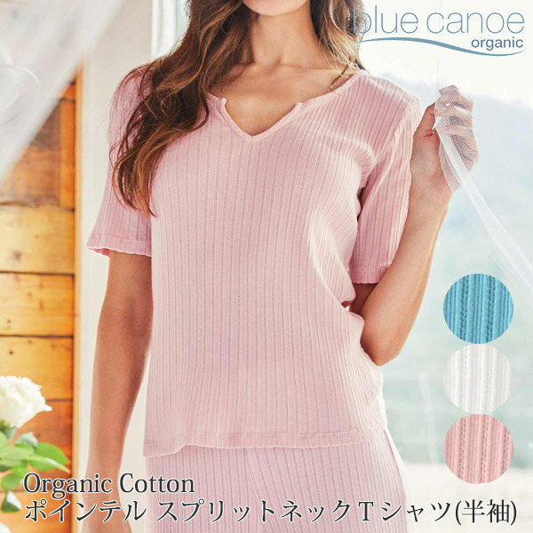 楽天ハーモネイチャー　楽天市場店Blue Canoe オーガニックコットン ポインテル スプリットネックTシャツ（半袖） | オーガニック コットン 綿 ナチュラル ギフト プレゼント 母の日 半袖 春夏 薄手 敏感肌 レース Tシャツ 部屋着 リラックス ルームウェア [M便 1/1]