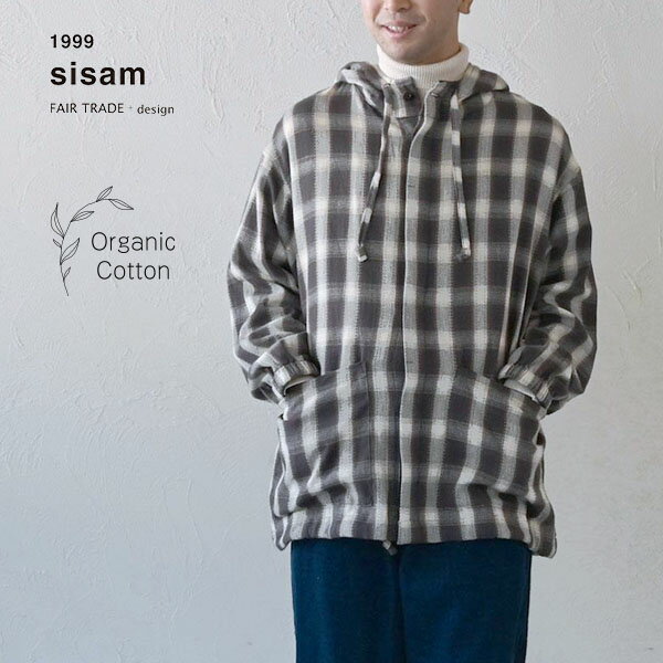 乐天商城 - sisam オーガニックコットン メンズ オンブレチェックパーカー | オーガニック コットン 綿100 ナチュラル フェアトレード シサム工房 オンブレ パーカ フード付き 前開き 秋アウター 羽織り ユニセックス カジュアル チェック