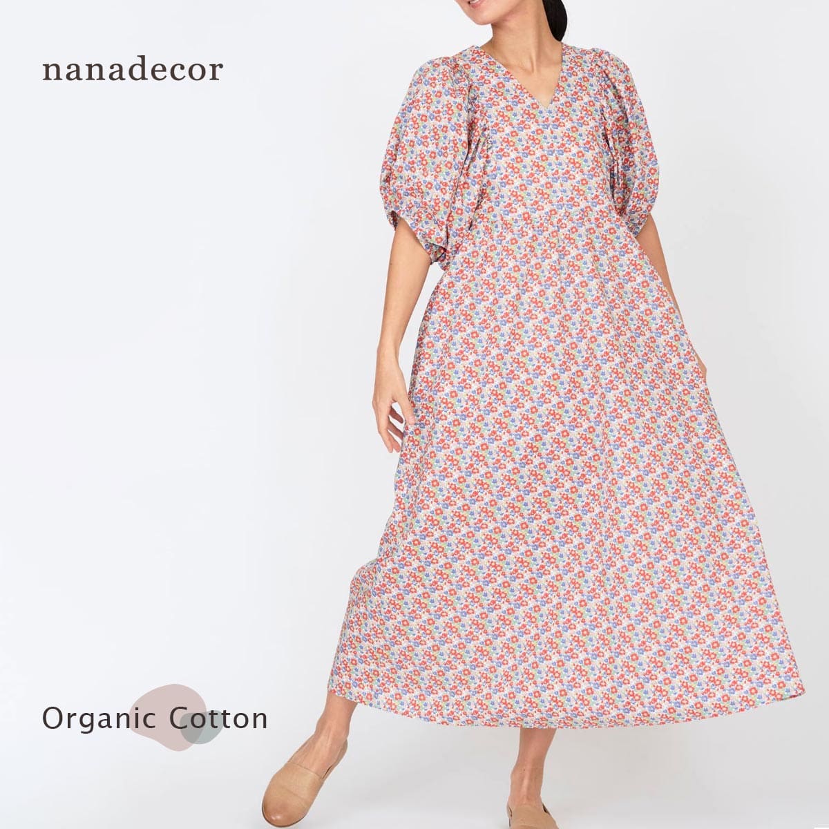Rakuten - nanadecor オーガニックコットン リバティレッドフラワーパフスリーブワンピース | オーガニック コットン 綿 レディース ワンピース リバティ 花柄 フレア パフスリーブ ロング 春 夏 女性らしい 旅行 リゾート サマードレス マキシ丈 ガーリー