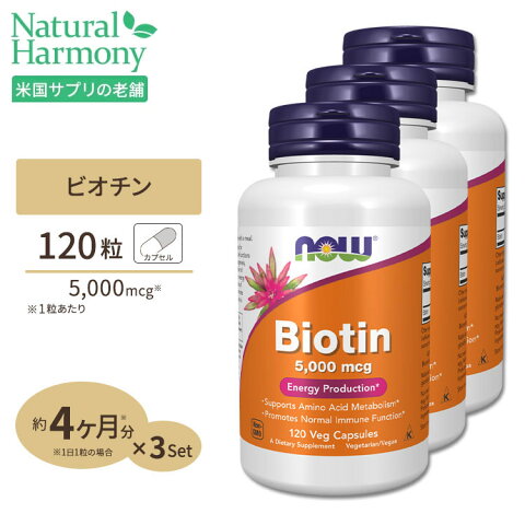 [3個セット]ビオチン(ビタミンH) 5000mcg 120粒《約4ヵ月分×3個》 NOW Foods(ナウフーズ)美容 健康 スキンケア ヘアケア【送料無料!】