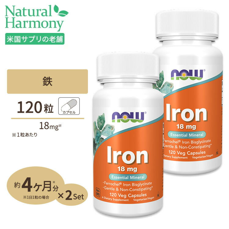 鉄（アイアン） 18mg 120粒 約4ヵ月分 NOW Foods(ナウフーズ) [2個セット]高含有 フェロケル鉄 鉄分 不足 フラフラ 女性 ダイエット 健康 サプリメント サプリ