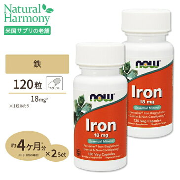 鉄（アイアン） 18mg 120粒 約4ヵ月分 NOW Foods(ナウフーズ) [2個セット]高含有 フェロケル鉄 鉄分 不足 フラフラ 女性 ダイエット 健康 サプリメント サプリ