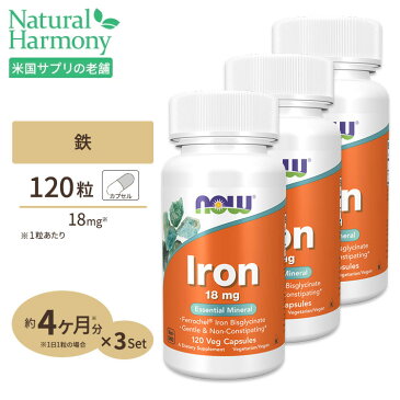 鉄（アイアン） 18mg 120粒 約4ヵ月分 NOW Foods(ナウフーズ) [3個セット]高含有 フェロケル鉄 鉄分 不足 フラフラ 女性 ダイエット 健康 サプリメント サプリ