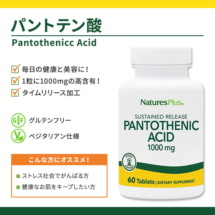 米国サプリ直販のNatural Harmonyの[健康をトータルサポート!]ネイチャーズプラス パントテン酸 ( ビタミンB5 ) タイムリリース 1000mg 60粒 約2ヶ月分 タブレット NaturesPlus Pantothenicc Acid 健康サプリメント 栄養補助食品 海外 アメリカ｜アングル2