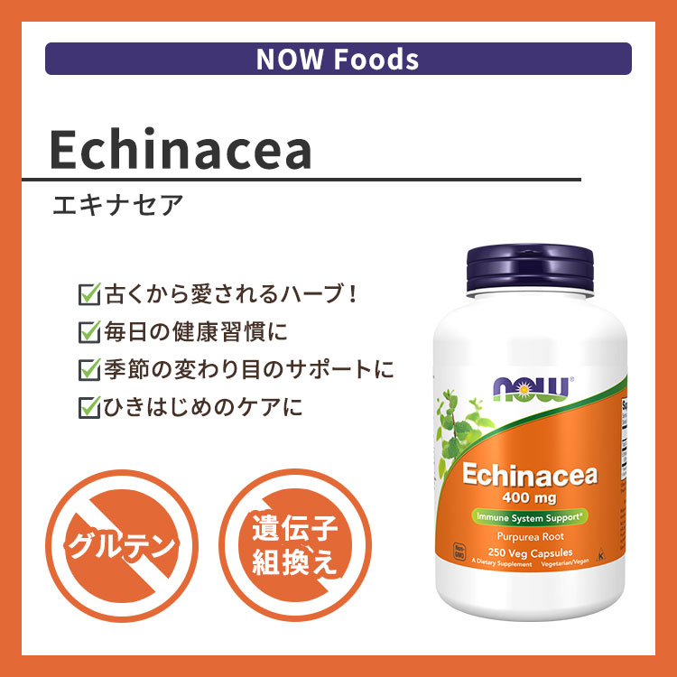 ナウフーズ エキナセア 400mg 250粒 NOW Foods Echinacea 400mg 250 Vef Capsules サプリメント サプリ 健康 バリア 季節の変わり目 2