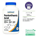 ニュートリコスト パントテン酸 ビタミンB5 500mg カプセル 240粒 Nutricost Pantothenic Acid Vitamin B5 コエンザイムA ビタミンB群 水溶性ビタミン