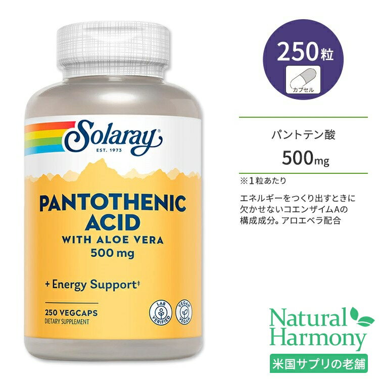 ソラレー パントテン酸 アロエベラ配合 500mg ビーガン ベジカプセル 250粒 Solaray Pantothenic Acid ビタミンB5 水溶性ビタミン