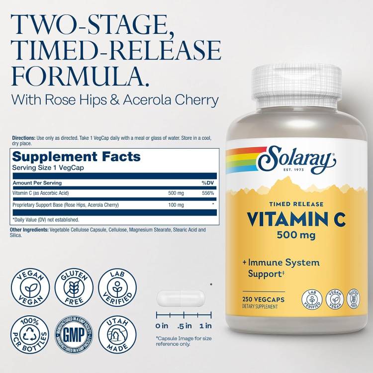 米国サプリ直販のNatural Harmonyの[キレイと元気をサポート！]ソラレー タイムリリース ビタミンC 500mg ベジタブルカプセル 250粒 Solaray Timed Release Vitamin C VegCap体調 管理 健康 話題 対策 習慣｜アングル2