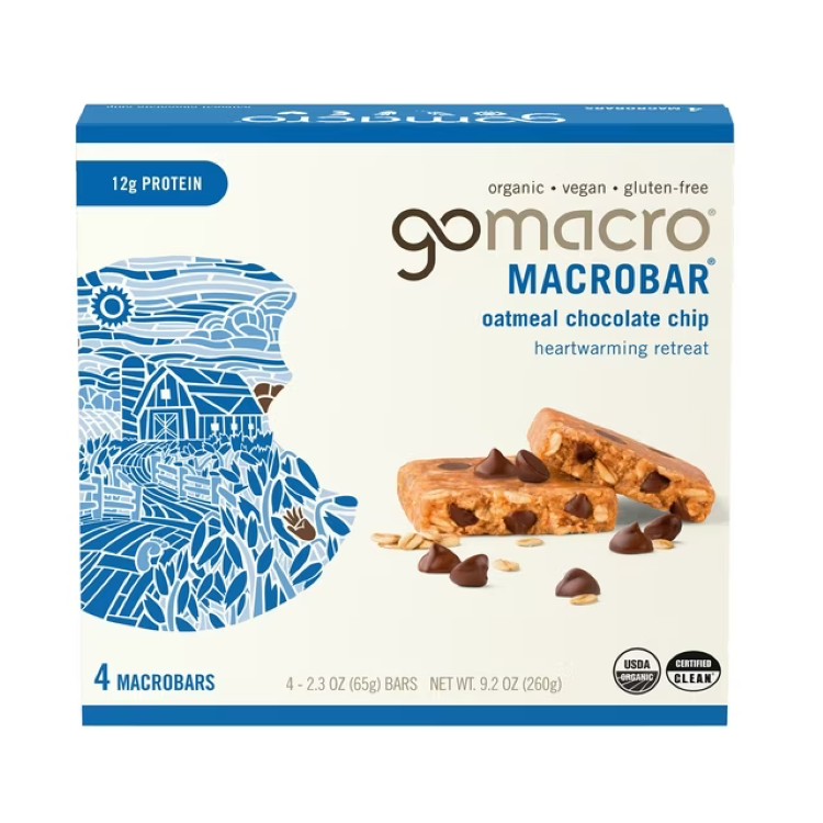 GoMacroのオートミールチョコレートチップマクロバーで、ナッツフリーながら有機オーツとオーガニックチョコチップを組み合わせたクッキー風味バーです。植物由来たんぱく質12gを含み、オーガニック・ヴィーガン・グルテンフリーなど多くの認証を備えた、やさしい甘さのエナジーバーです。