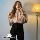 ブラウス レディース 長袖 シャツブラウス オフィス ボリューム袖 トップス スタンドカラーシャツ 黒 白 春 秋 冬 ラメ 光沢 おしゃれ 韓国 通勤服